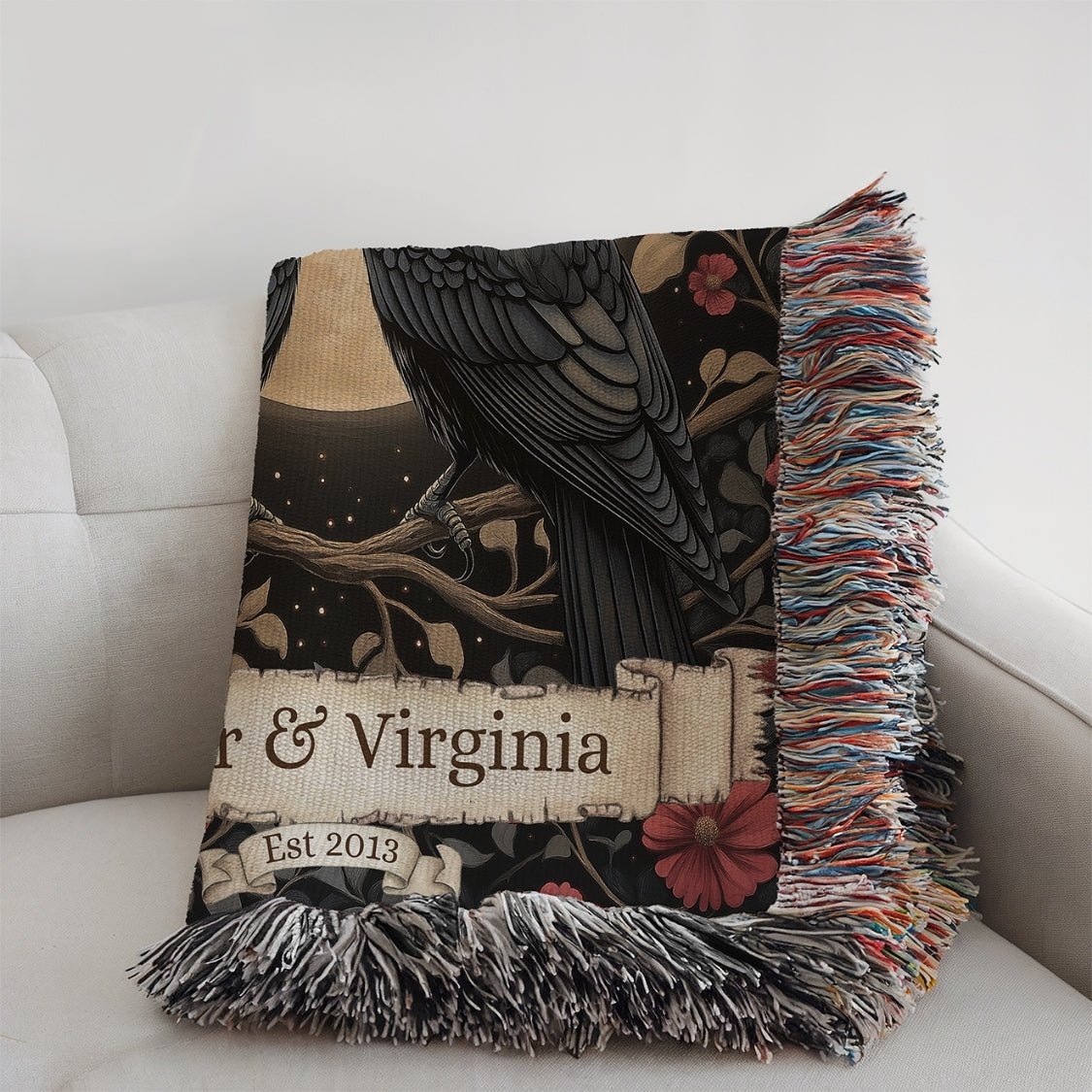 Personalized Nevermore Raven Woven Blanket – A Gothic Tribute to Eternal Love - Offbeat Opulence