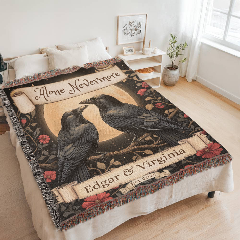 Personalized Nevermore Raven Woven Blanket – A Gothic Tribute to Eternal Love - Offbeat Opulence