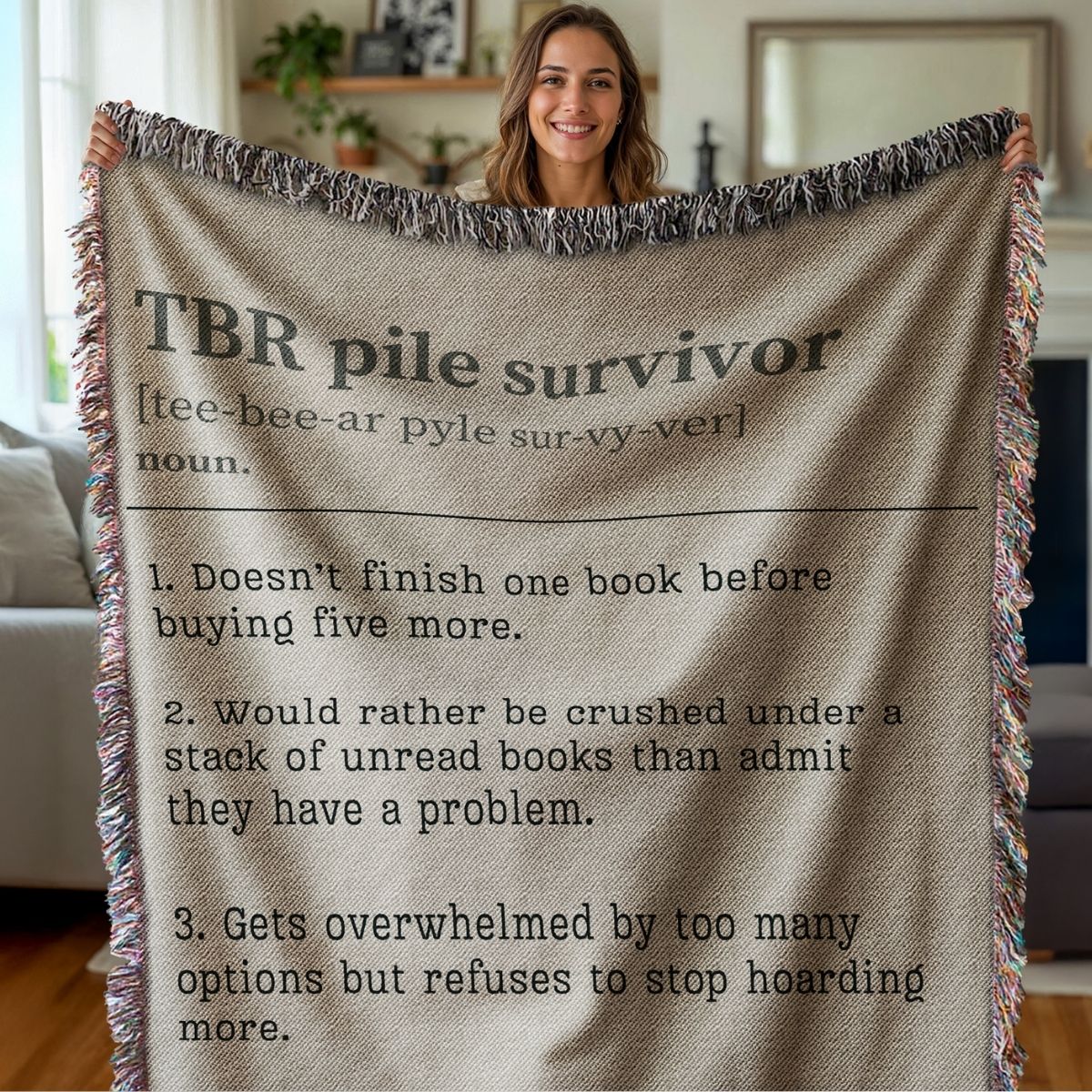 Personalized TBR Pile Survivor Woven Blanket – A Cozy Tribute to Book Hoarders-Offbeat Opulence