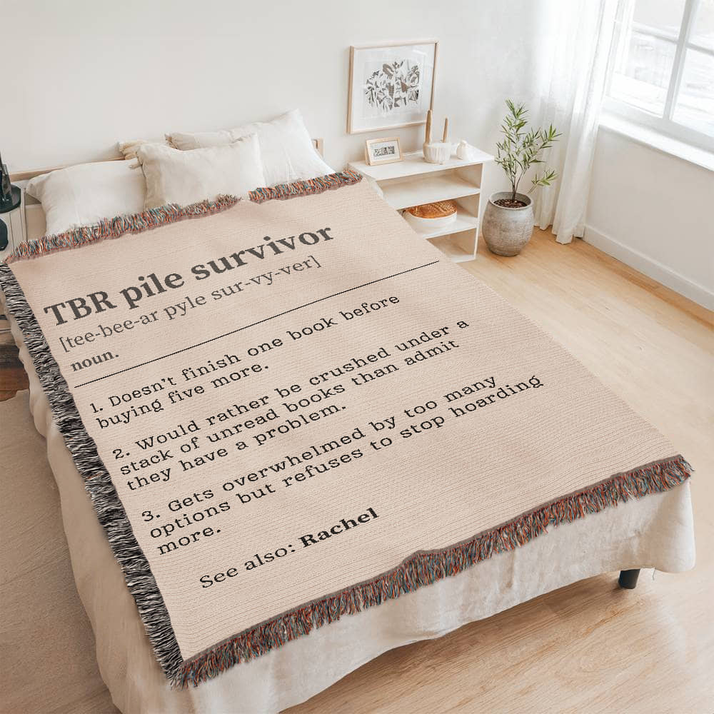 Personalized TBR Pile Survivor Woven Blanket – A Cozy Tribute to Book Hoarders-Offbeat Opulence