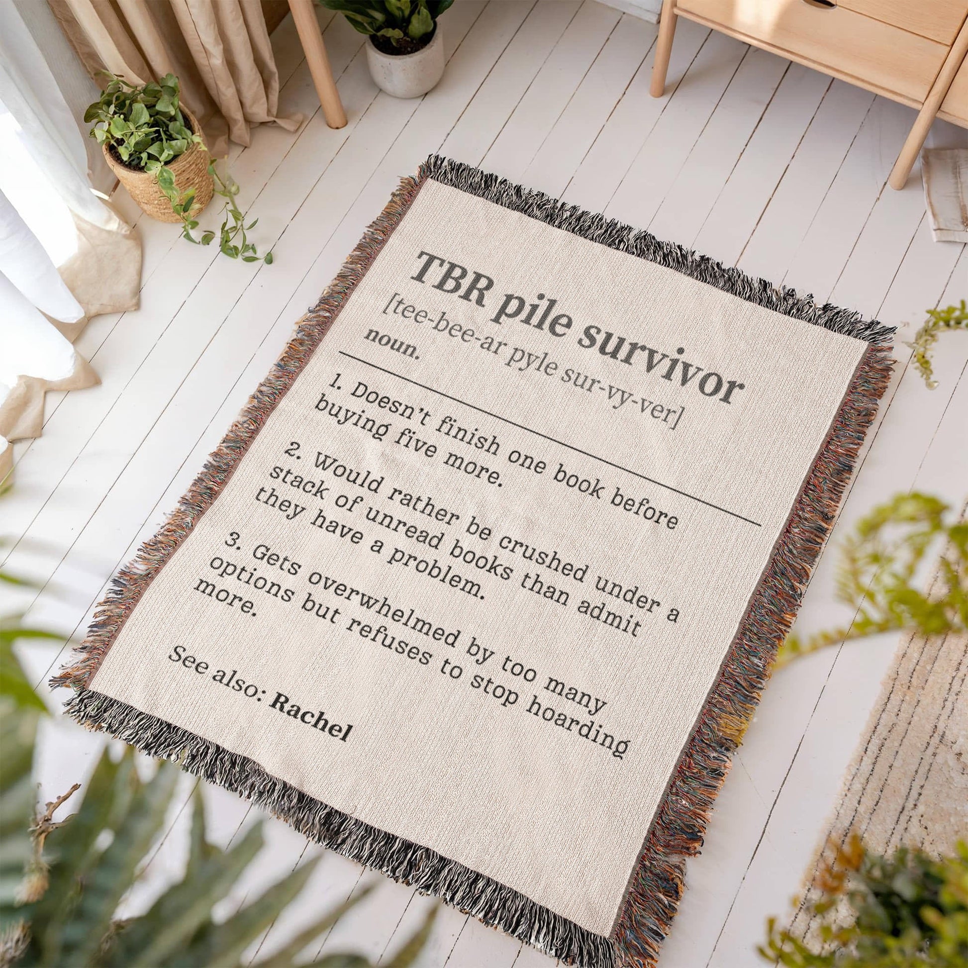 Personalized TBR Pile Survivor Woven Blanket – A Cozy Tribute to Book Hoarders-Offbeat Opulence