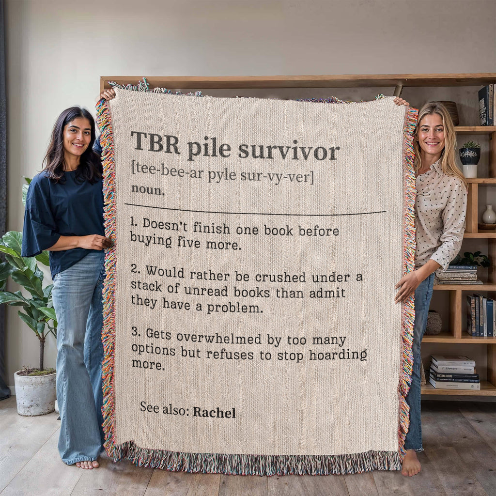 Personalized TBR Pile Survivor Woven Blanket – A Cozy Tribute to Book Hoarders-Offbeat Opulence