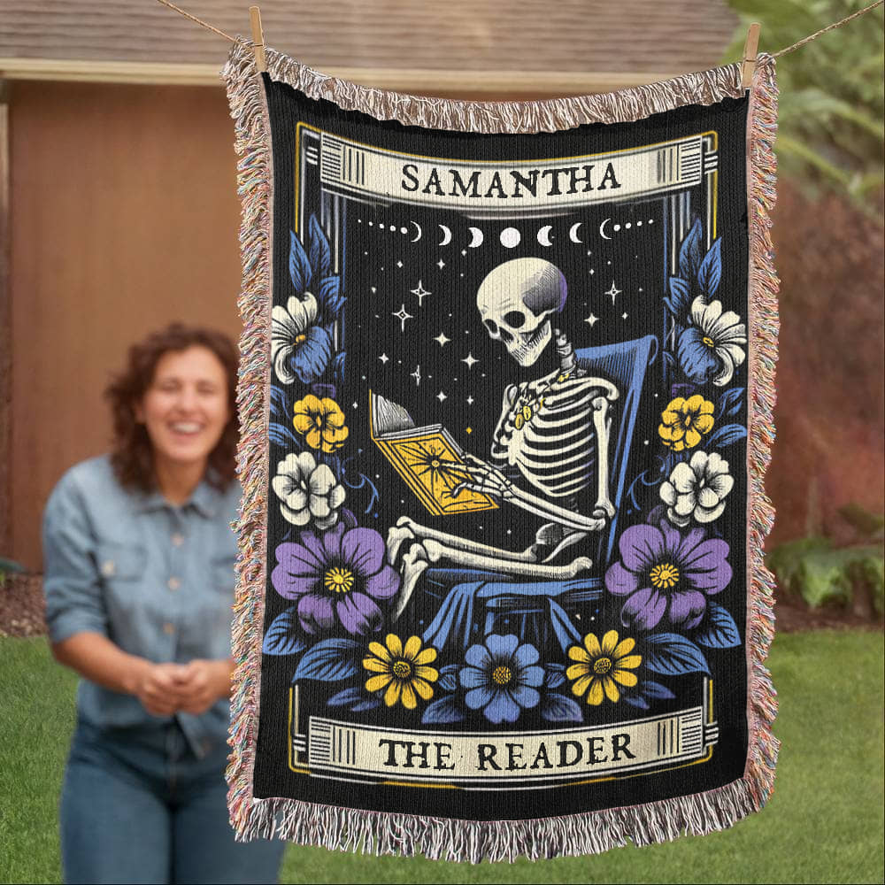 Personalized The Reader Woven Blanket – A Gothic Tribute to Bookish Devotion-Offbeat Opulence