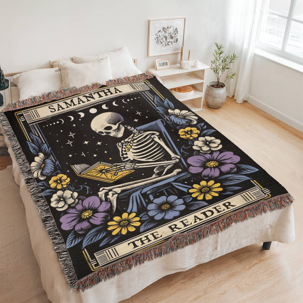 Personalized The Reader Woven Blanket – A Gothic Tribute to Bookish Devotion-Offbeat Opulence