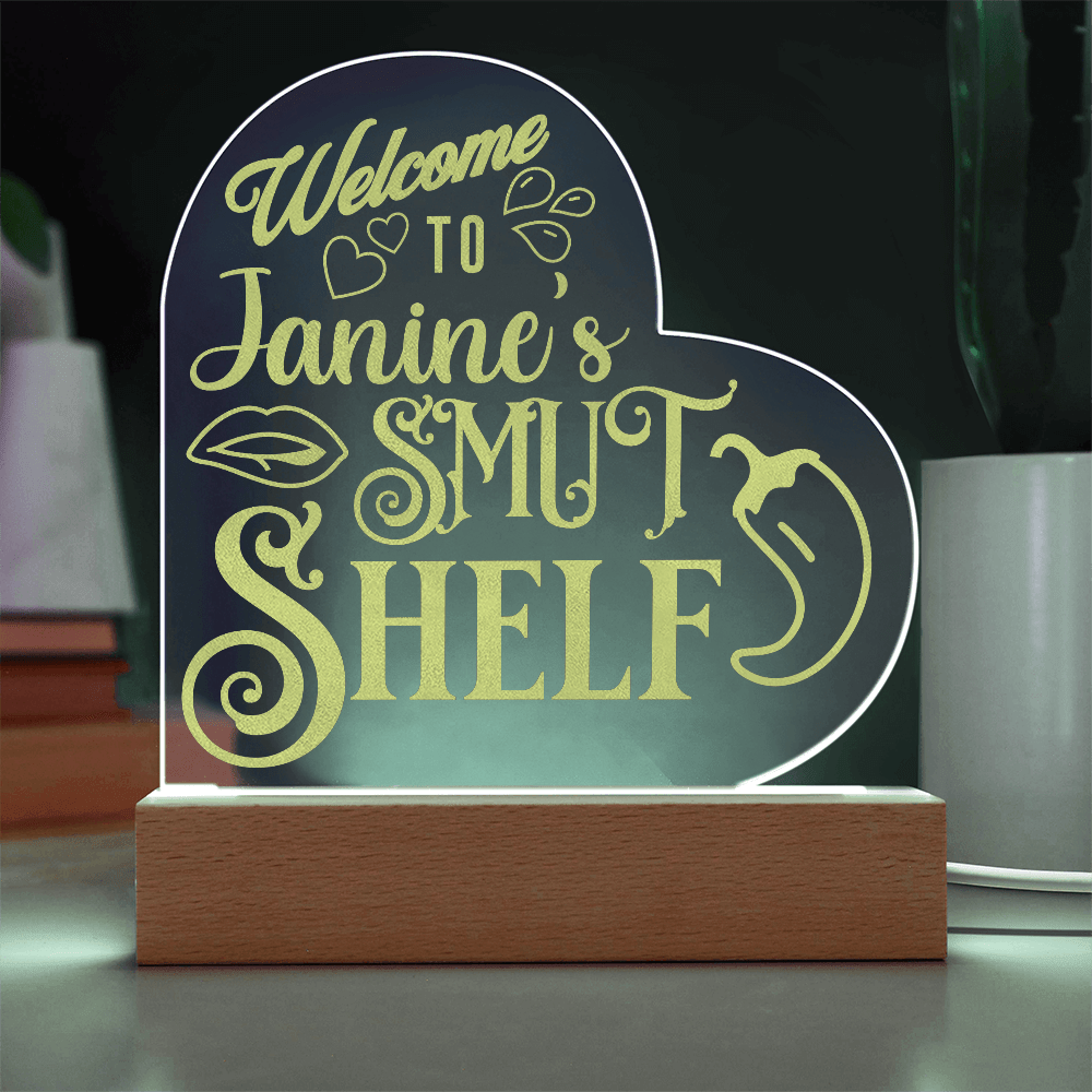 Personalized Welcome to the Smut Shelf – Heart-Shaped Engraved LED Acrylic Plaque-Offbeat Opulence