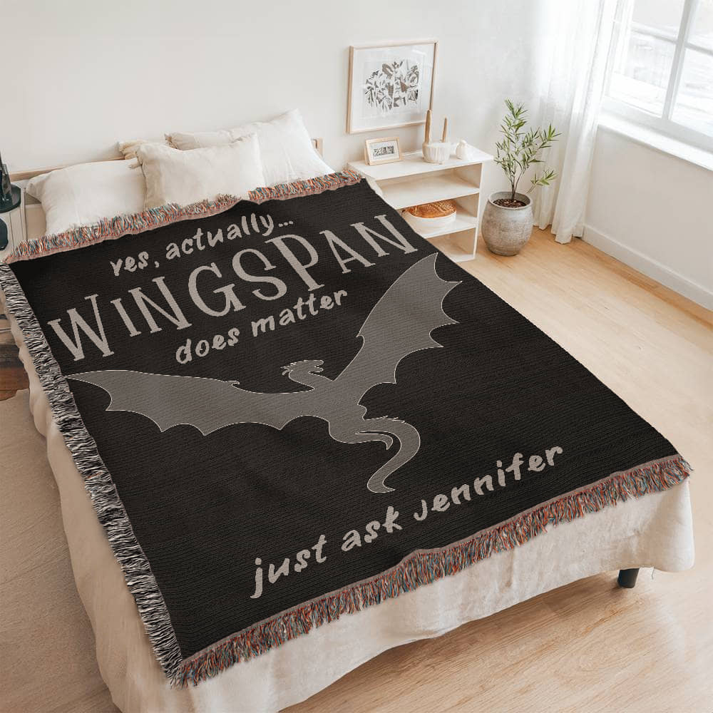 Personalized "Wingspan Does Matter" Woven Blanket – A Must-Have for Romantasy Readers-Offbeat Opulence