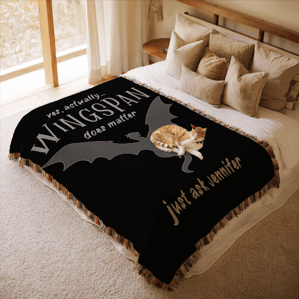 Personalized "Wingspan Does Matter" Woven Blanket – A Must-Have for Romantasy Readers-Offbeat Opulence