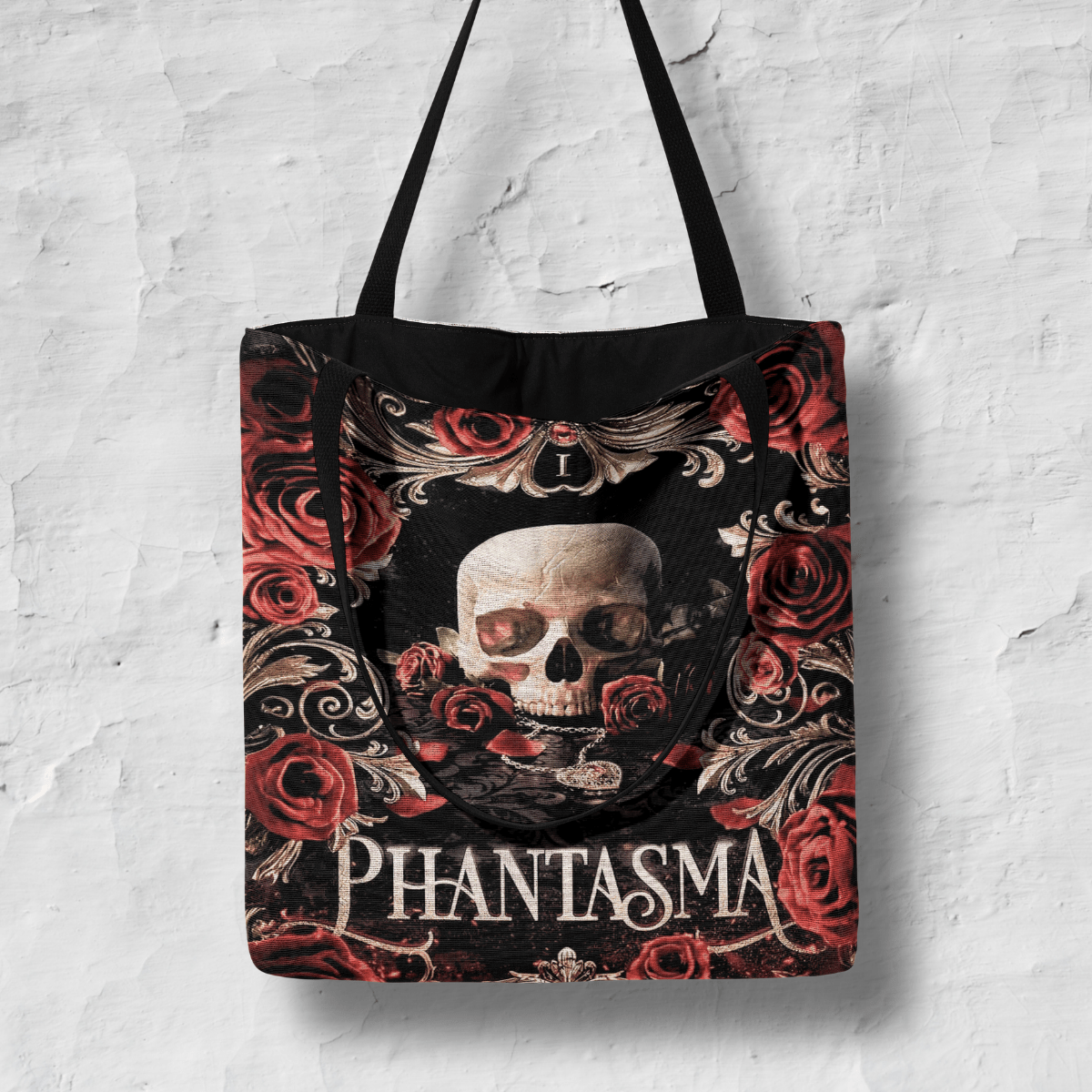Phantasma Woven Tote – Official Kaylie Smith Wicked Games Bag against a wall