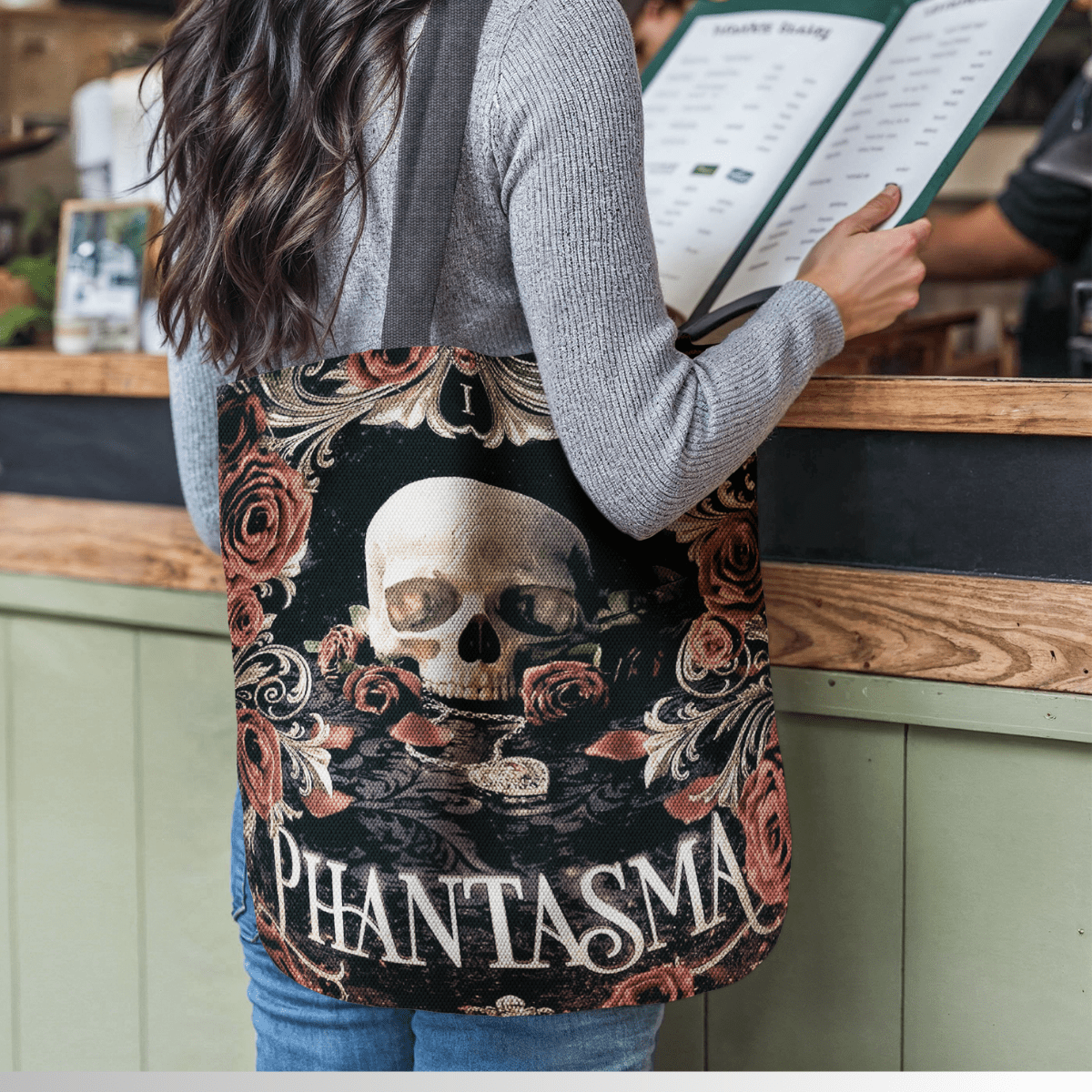Phantasma Woven Tote – Official Kaylie Smith Wicked Games Bag in a cafe