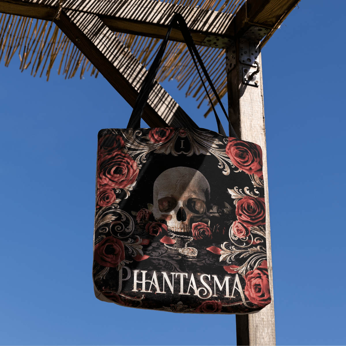 Phantasma Woven Tote – Official Kaylie Smith Wicked Games Bag hanging from pergola