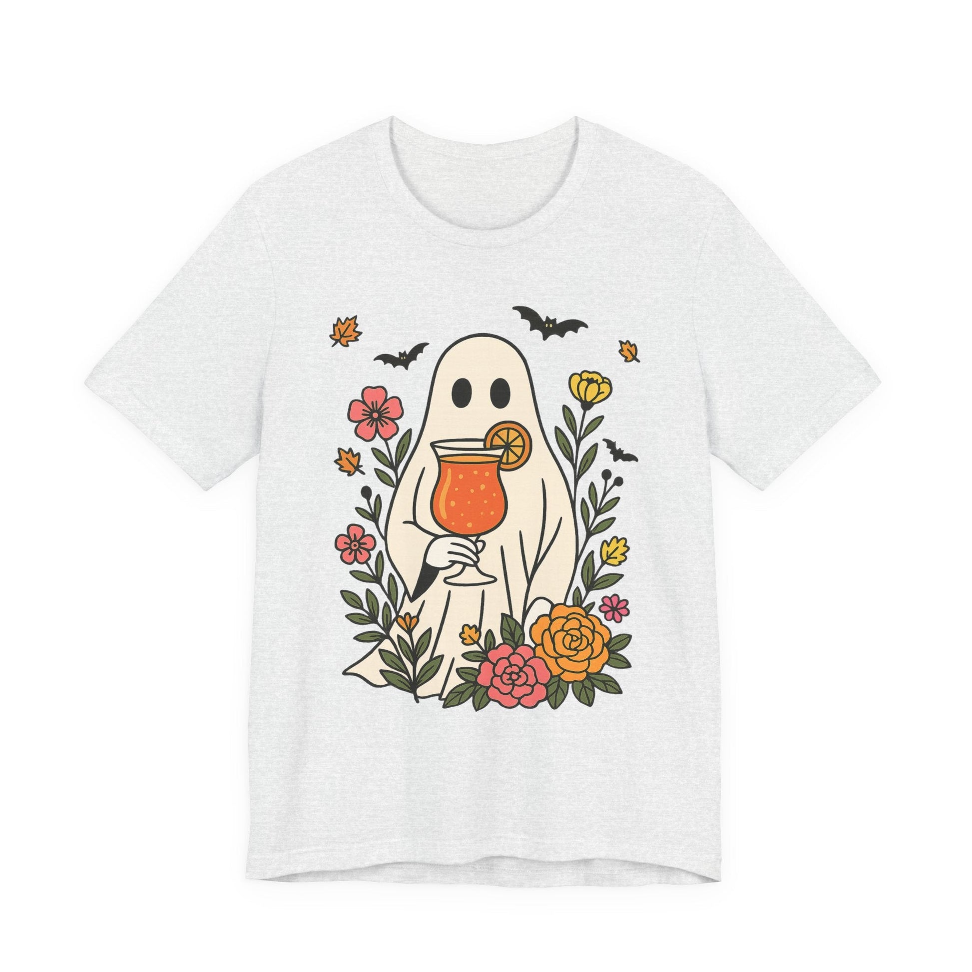 Summerween Floral Ghost T-Shirt – Spooky Cocktail & Flower Graphic - Offbeat Opulence