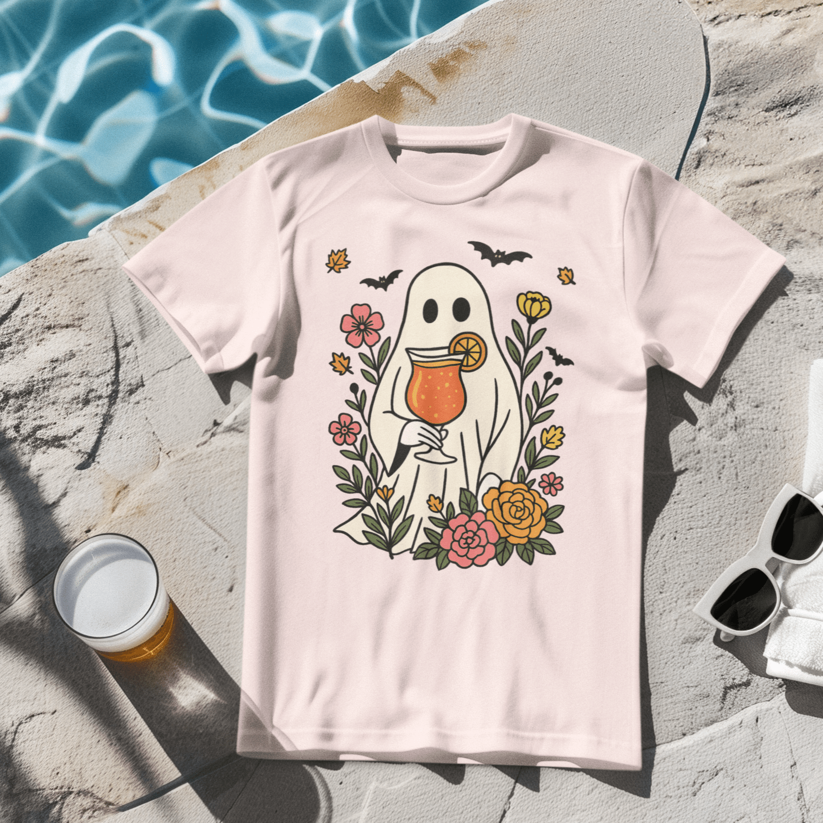 Summerween Floral Ghost T-Shirt – Spooky Cocktail & Flower Graphic - Offbeat Opulence