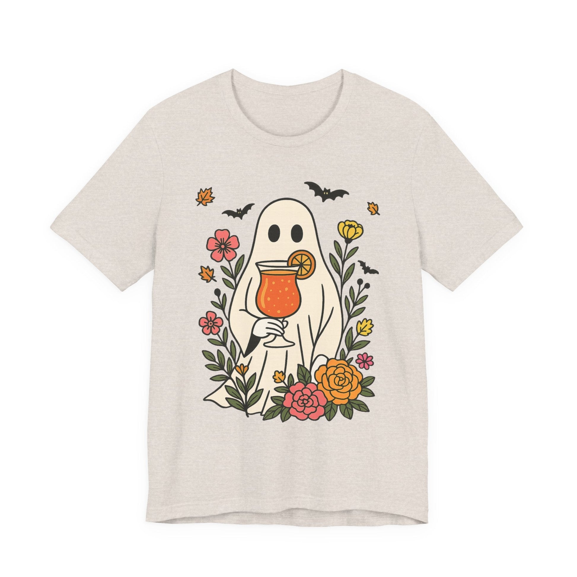 Summerween Floral Ghost T-Shirt – Spooky Cocktail & Flower Graphic - Offbeat Opulence