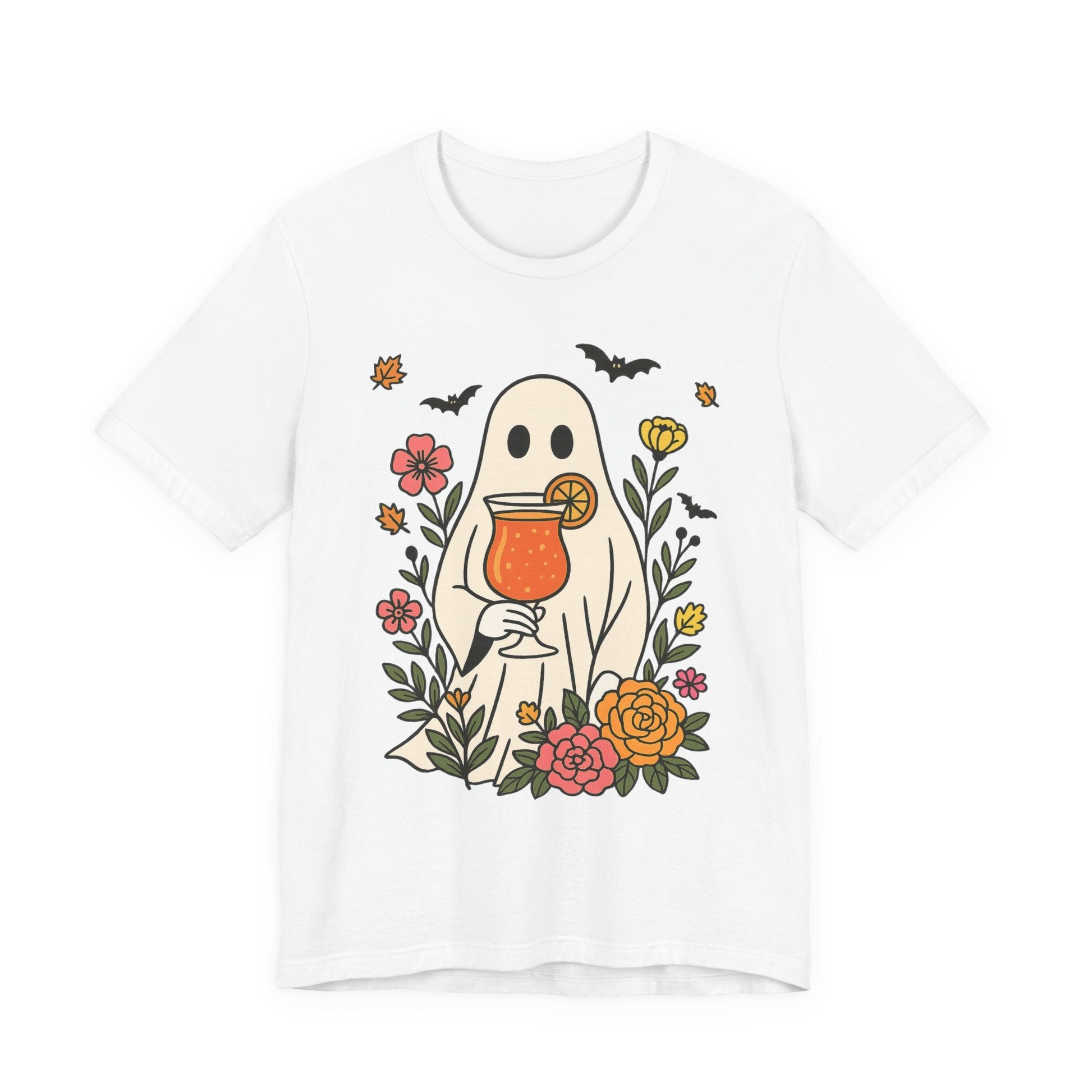Summerween Floral Ghost T-Shirt – Spooky Cocktail & Flower Graphic - Offbeat Opulence