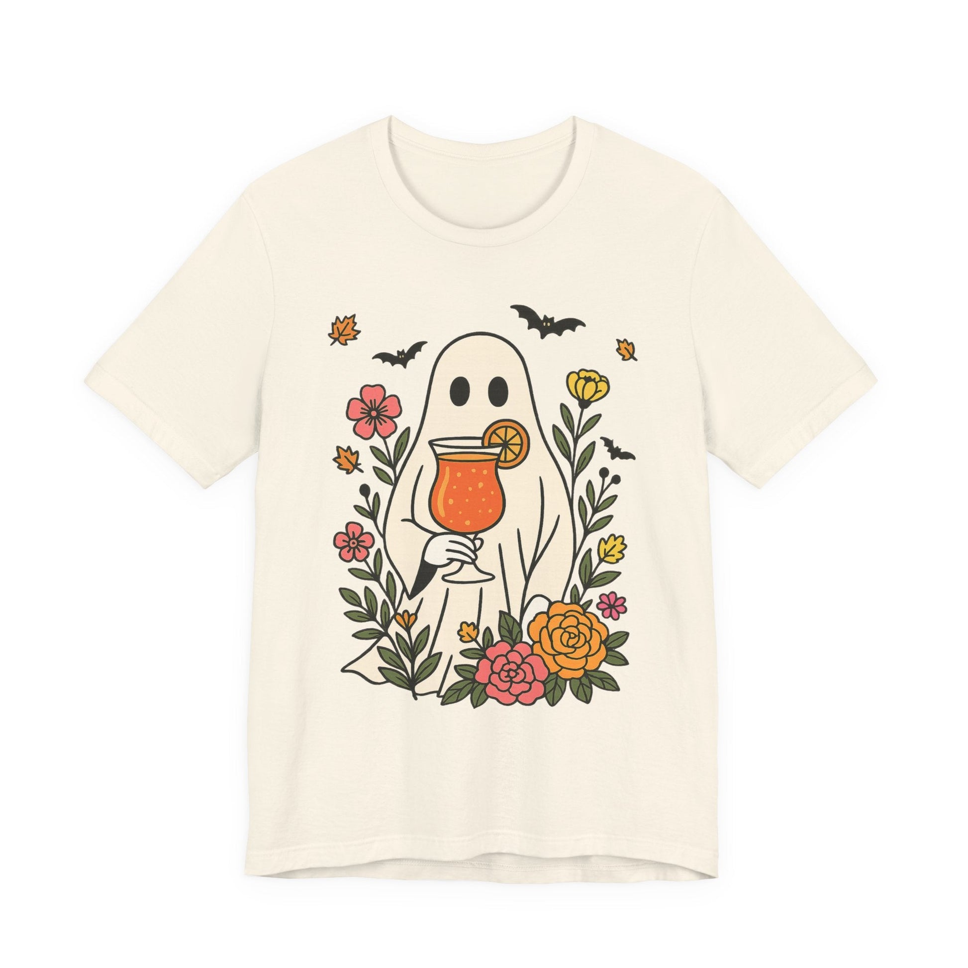 Summerween Floral Ghost T-Shirt – Spooky Cocktail & Flower Graphic - Offbeat Opulence