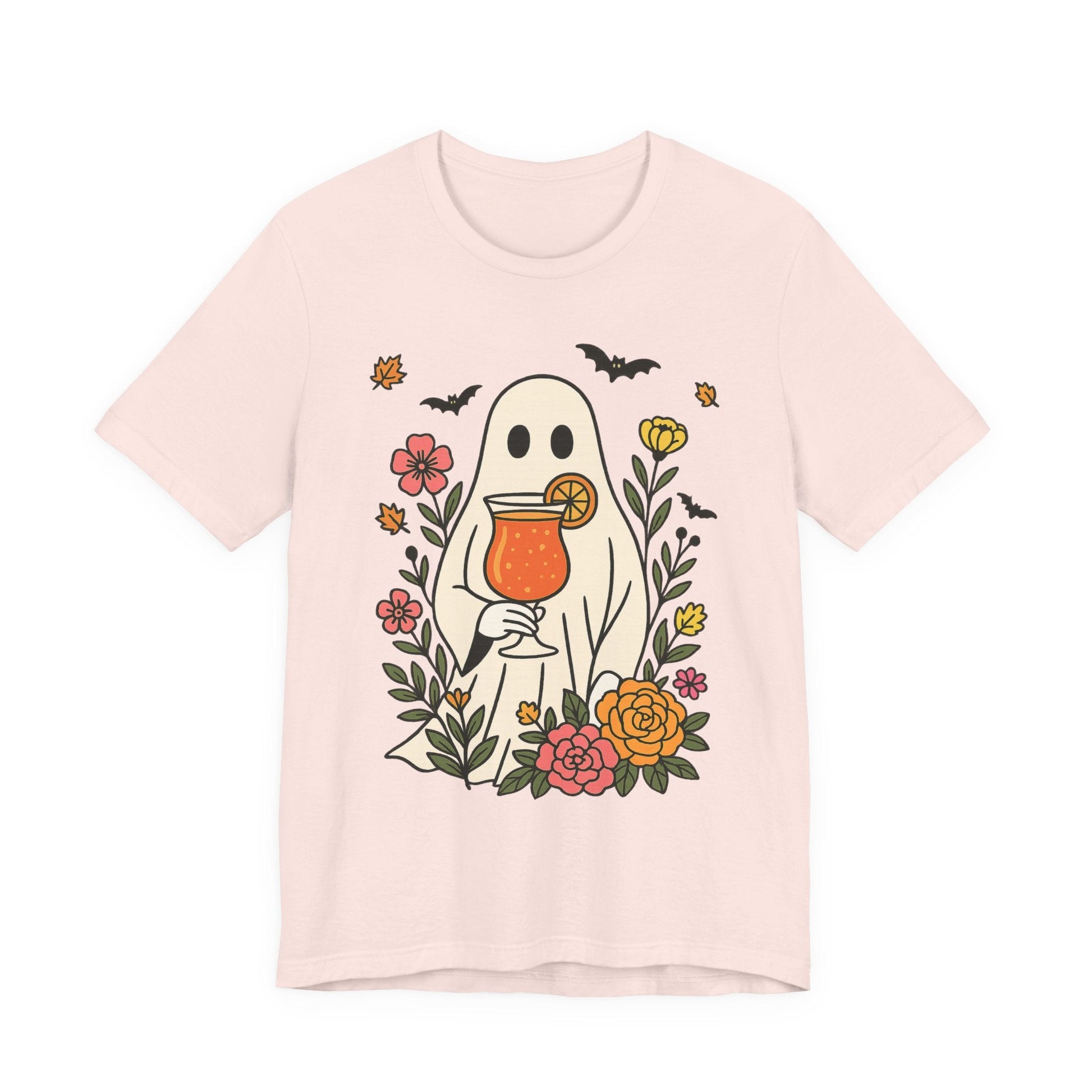 Summerween Floral Ghost T-Shirt – Spooky Cocktail & Flower Graphic - Offbeat Opulence