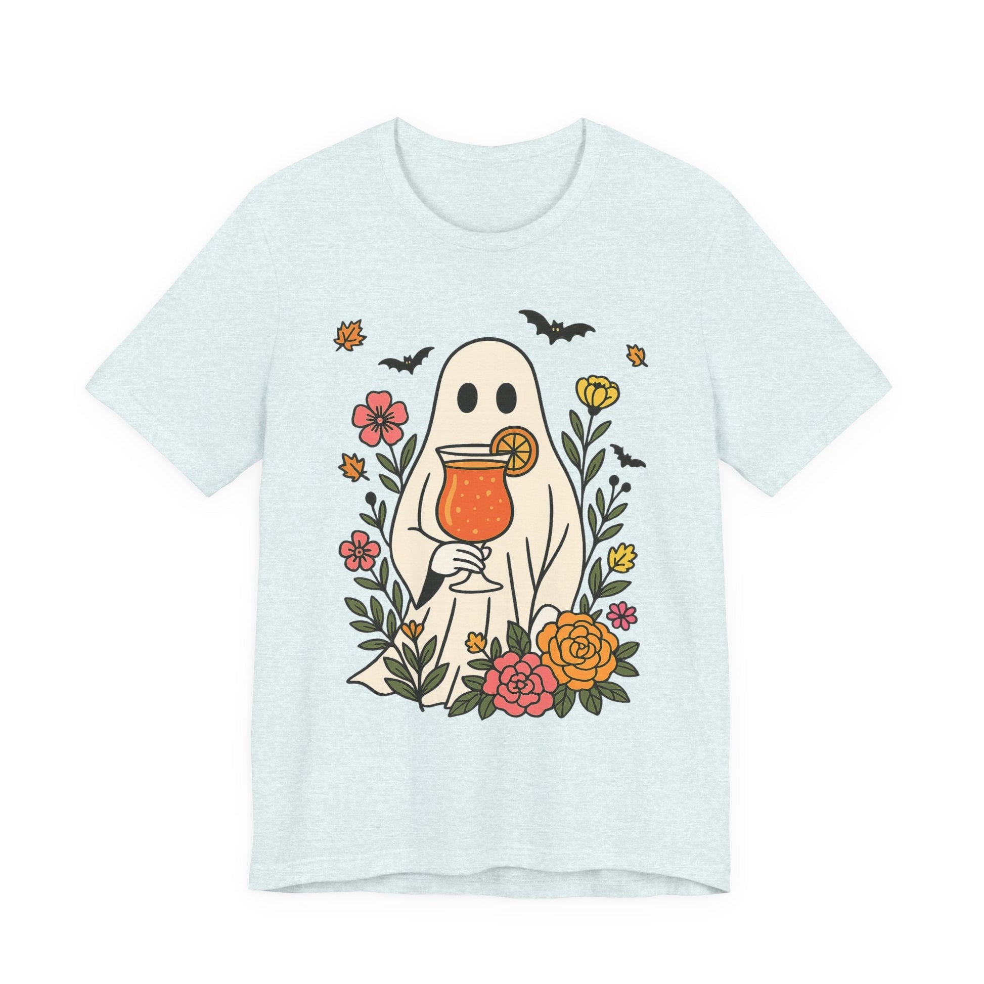 Summerween Floral Ghost T-Shirt – Spooky Cocktail & Flower Graphic - Offbeat Opulence