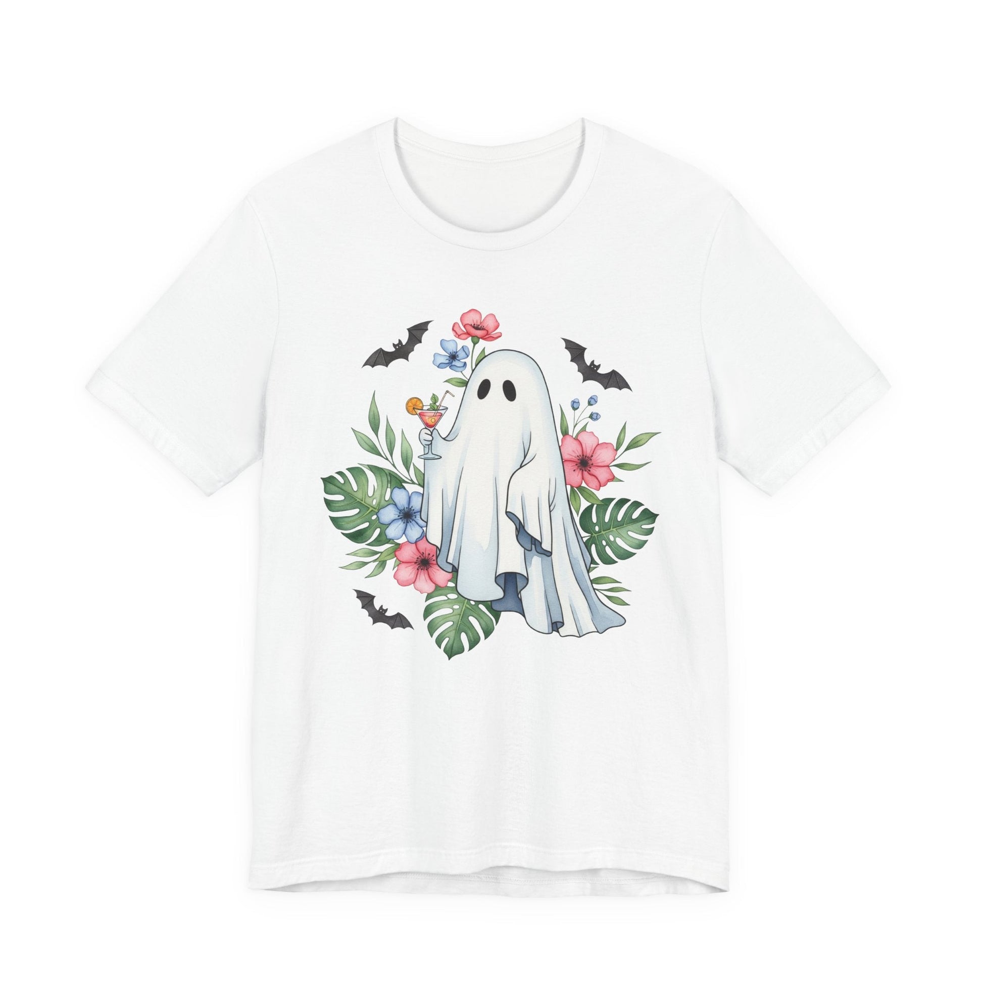 Summerween T-Shirt – Floral Ghost with Cocktail and Bats Graphic Tee - Offbeat Opulence