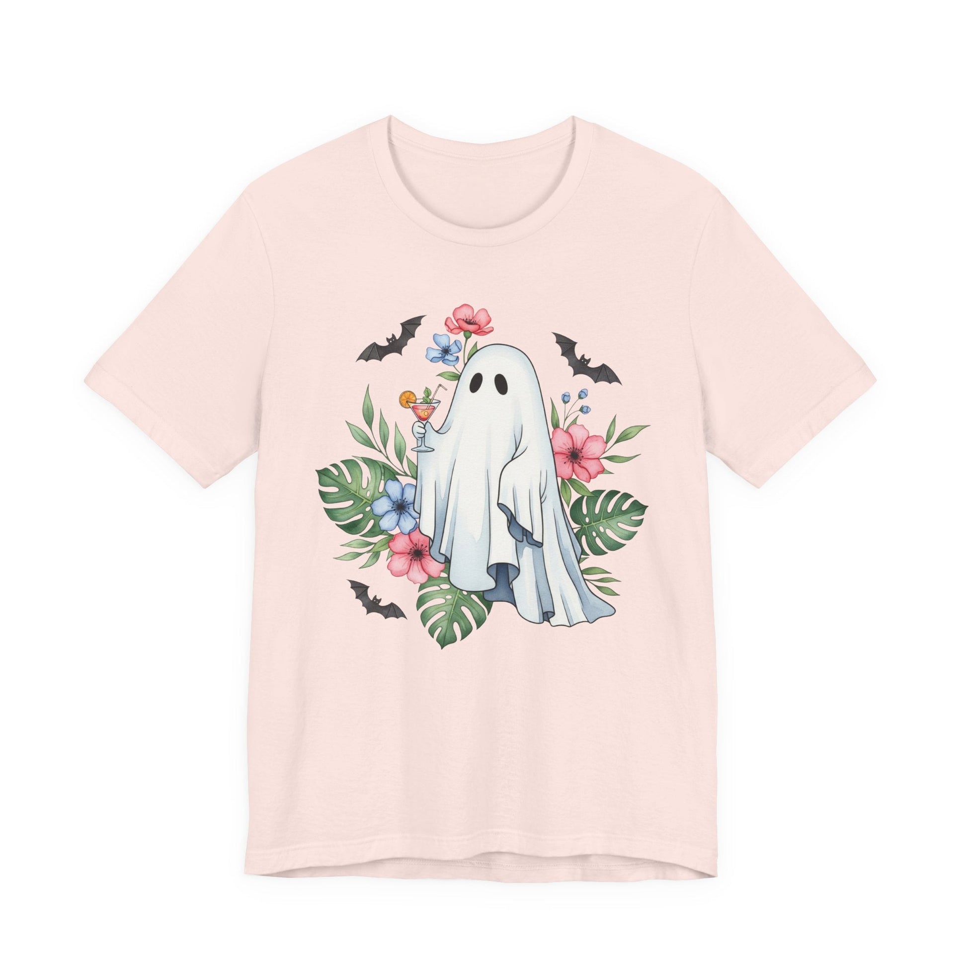 Summerween T-Shirt – Floral Ghost with Cocktail and Bats Graphic Tee - Offbeat Opulence