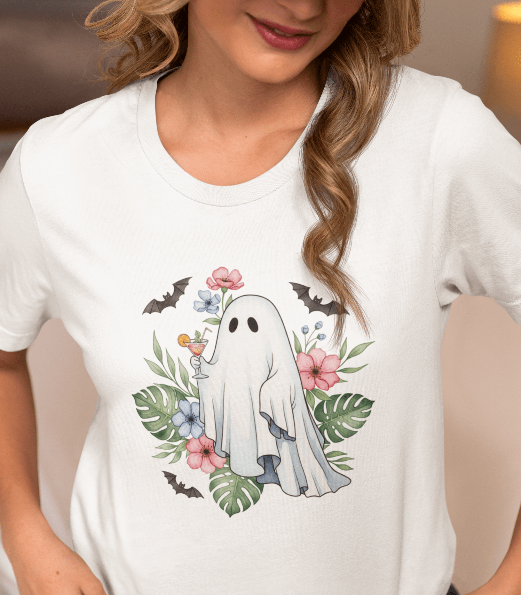 Summerween T-Shirt – Floral Ghost with Cocktail and Bats Graphic Tee - Offbeat Opulence