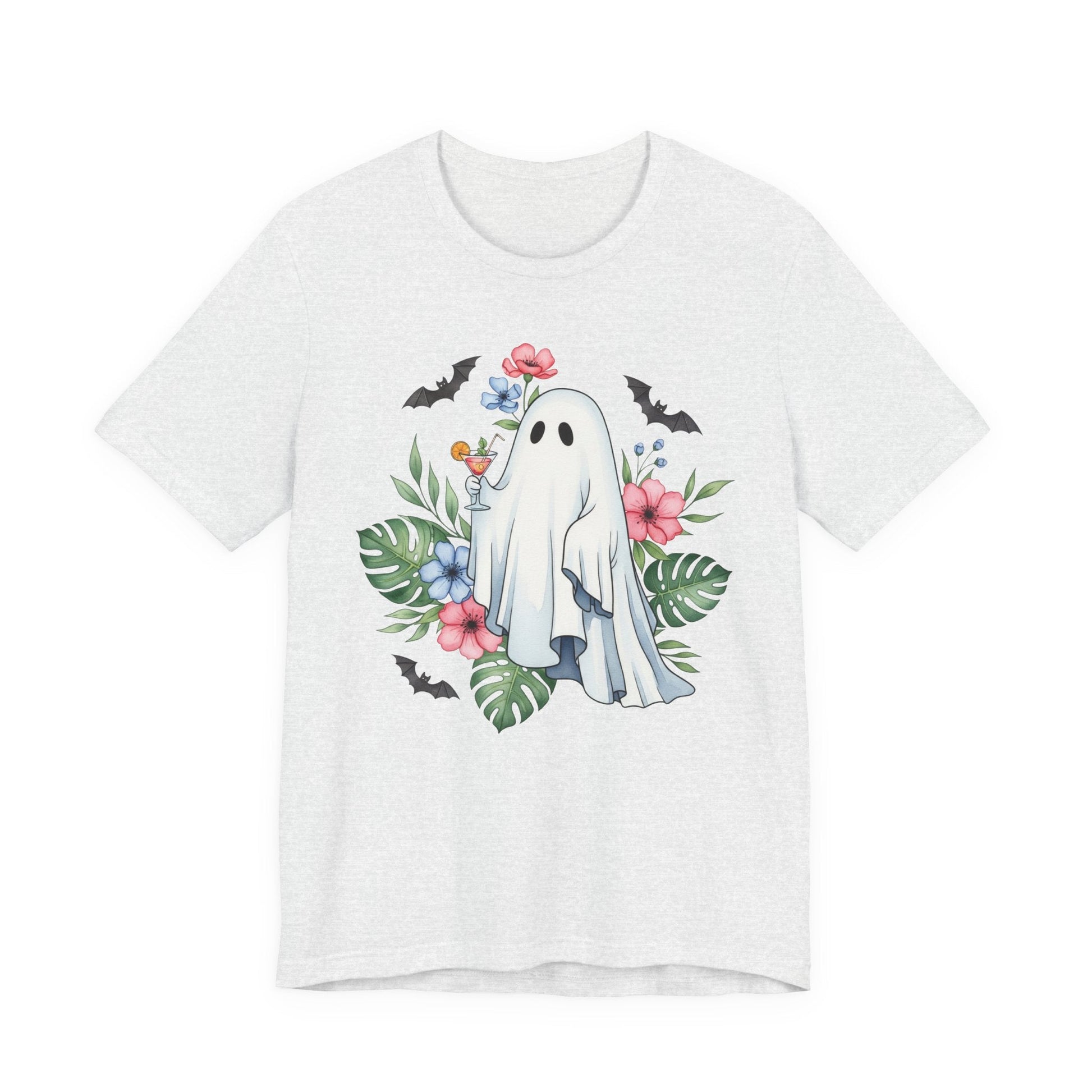 Summerween T-Shirt – Floral Ghost with Cocktail and Bats Graphic Tee - Offbeat Opulence