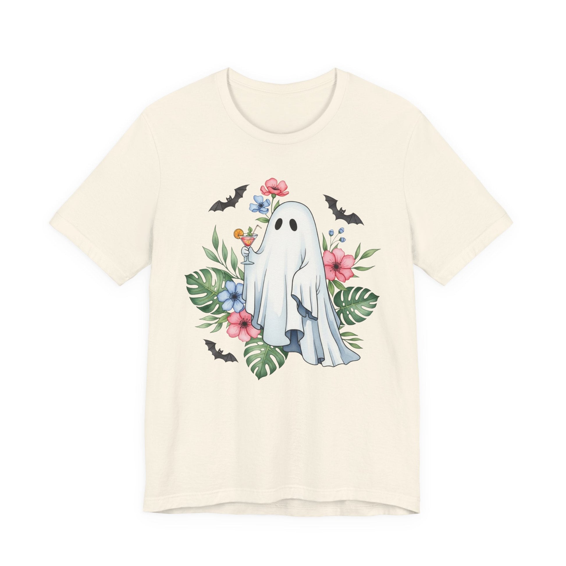 Summerween T-Shirt – Floral Ghost with Cocktail and Bats Graphic Tee - Offbeat Opulence