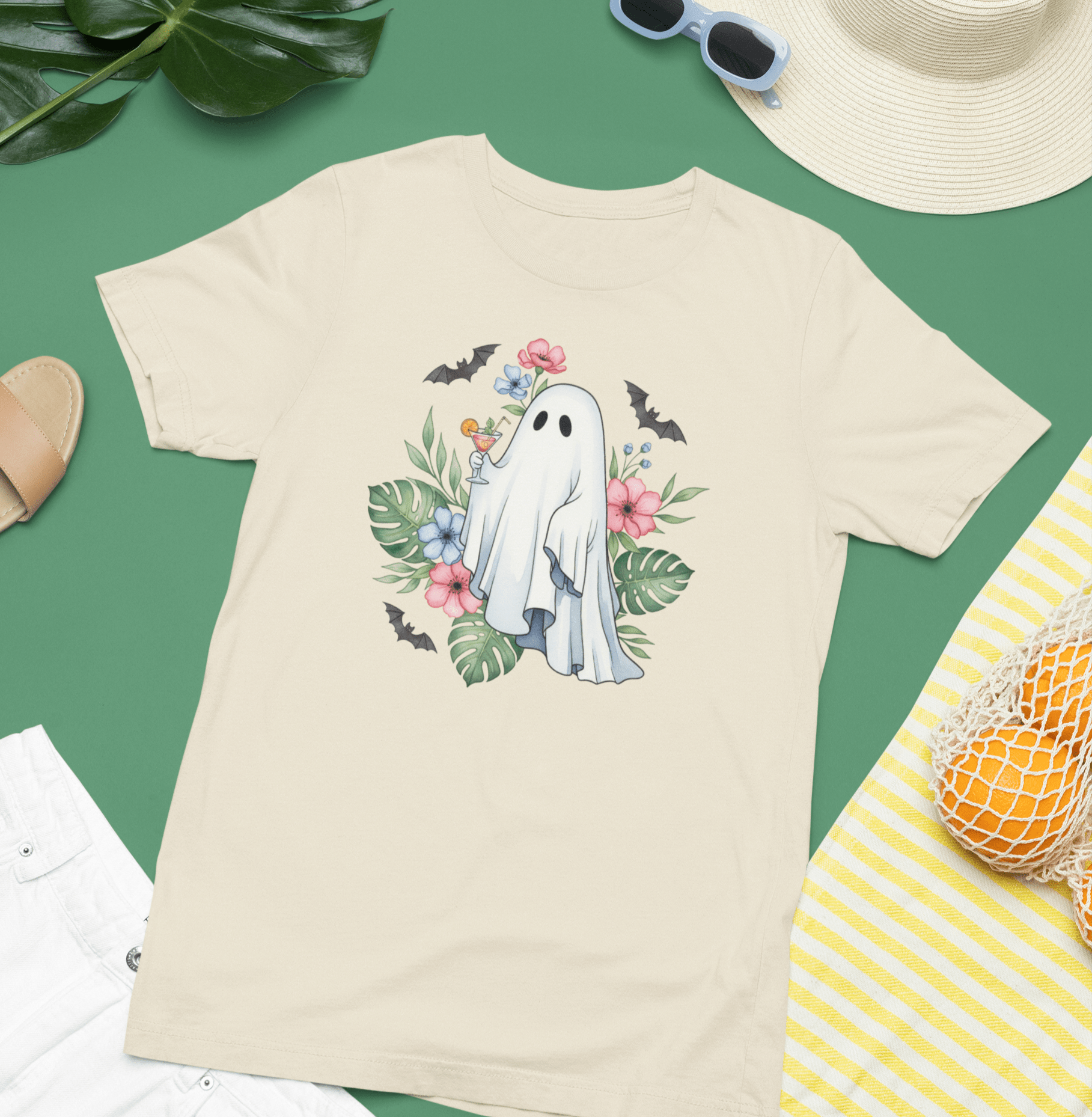 Summerween T-Shirt – Floral Ghost with Cocktail and Bats Graphic Tee - Offbeat Opulence