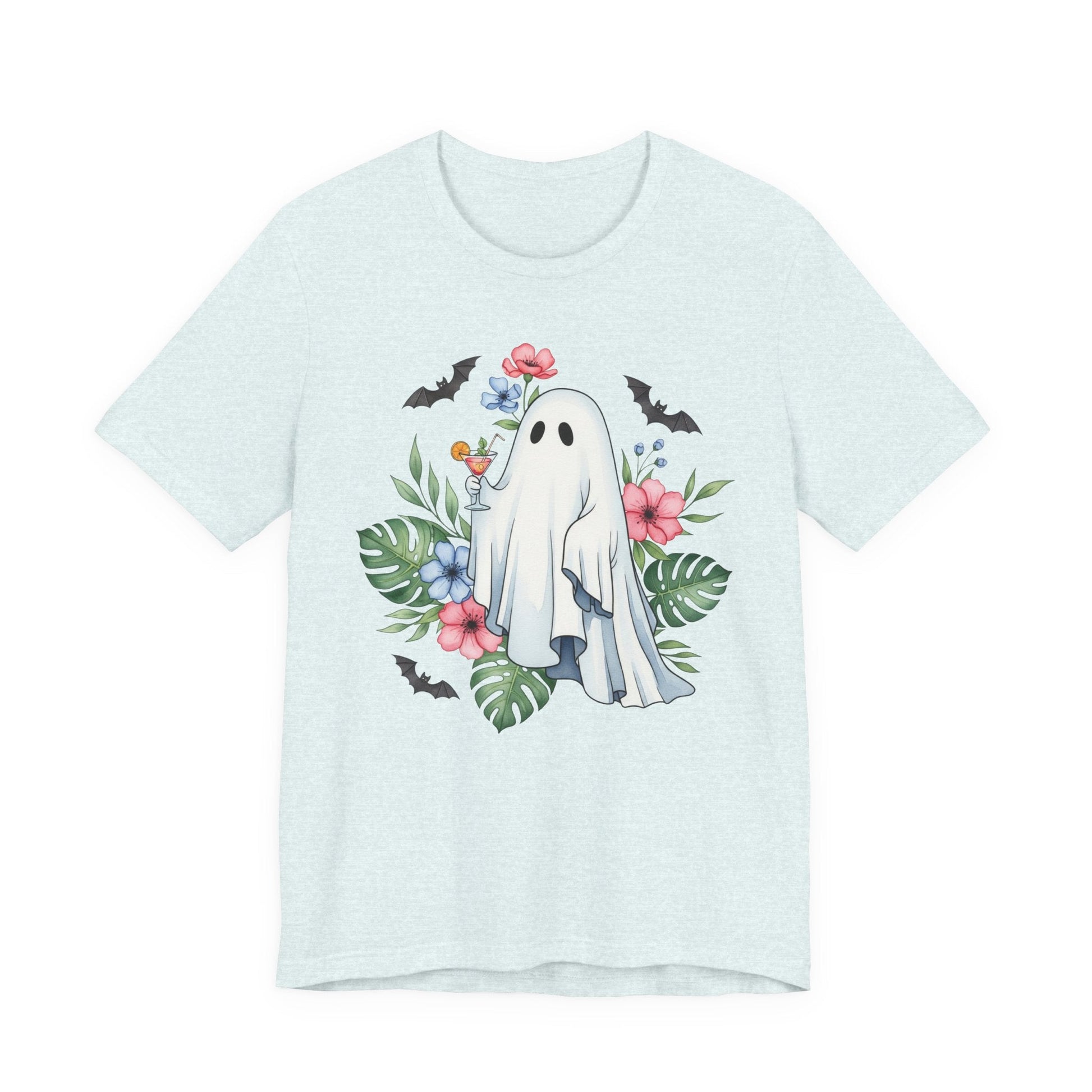 Summerween T-Shirt – Floral Ghost with Cocktail and Bats Graphic Tee - Offbeat Opulence