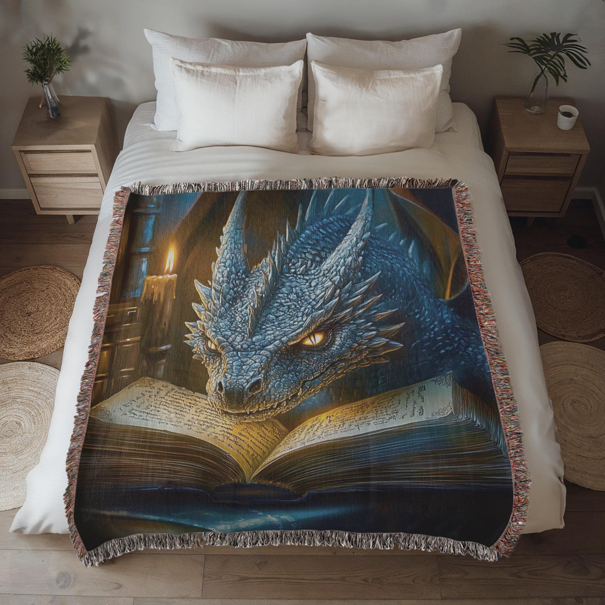 The Bookwyrm Woven Blanket – Guardian of Forgotten Lore - Offbeat Opulence