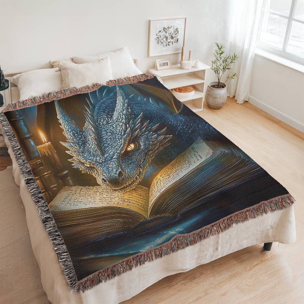 The Bookwyrm Woven Blanket – Guardian of Forgotten Lore - Offbeat Opulence