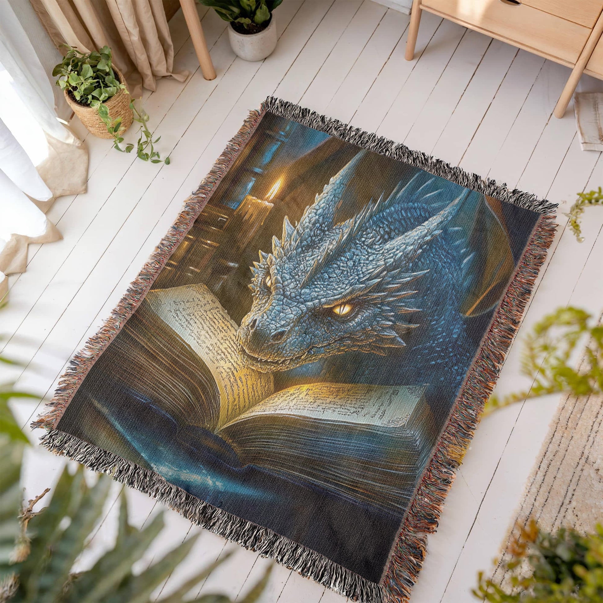 The Bookwyrm Woven Blanket – Guardian of Forgotten Lore - Offbeat Opulence