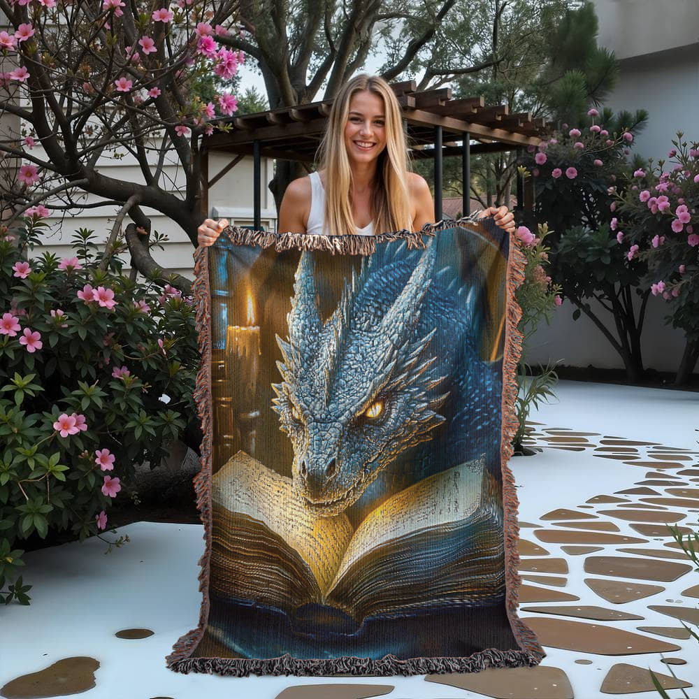 The Bookwyrm Woven Blanket – Guardian of Forgotten Lore - Offbeat Opulence