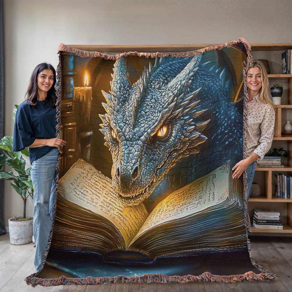 The Bookwyrm Woven Blanket – Guardian of Forgotten Lore - Offbeat Opulence