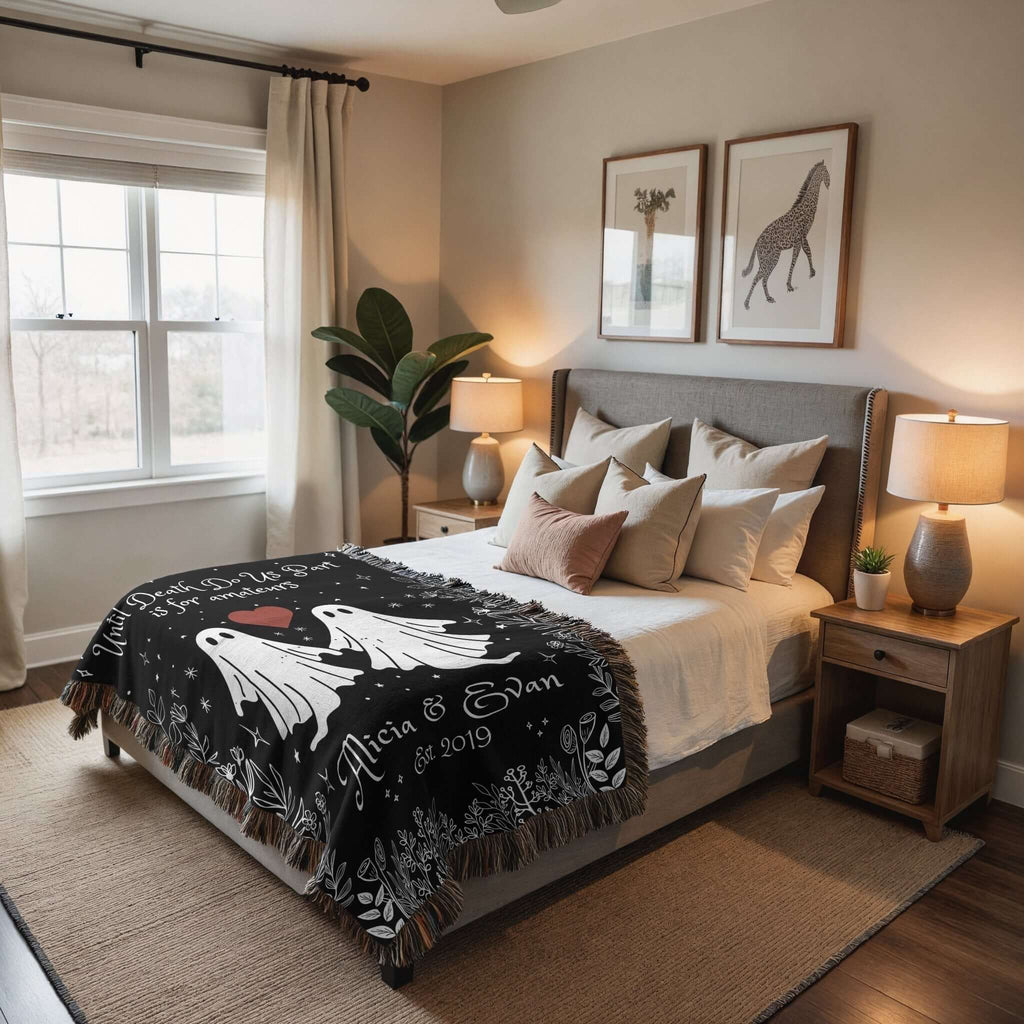 "Til Death Do We Part" Personalized Ghost Couple Woven Blanket-Offbeat Opulence