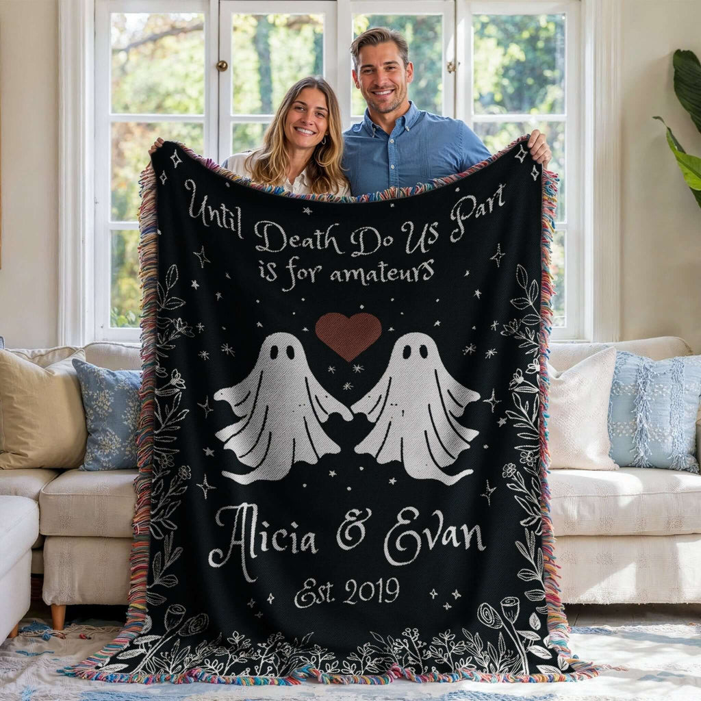 "Til Death Do We Part" Personalized Ghost Couple Woven Blanket-Offbeat Opulence