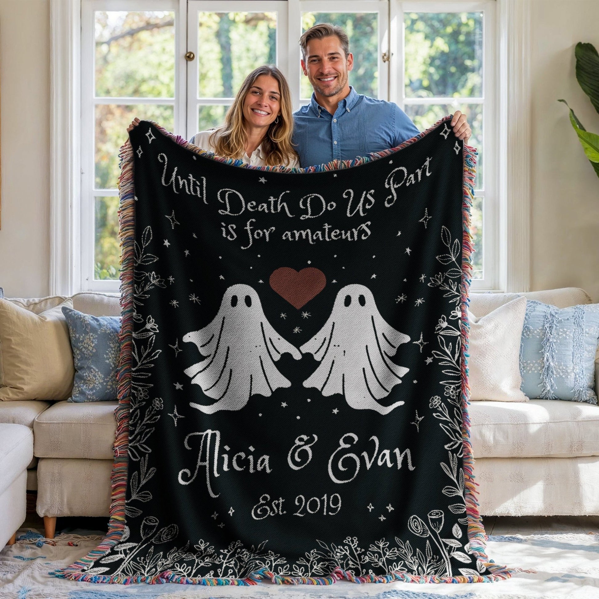 "Til Death Do We Part" Personalized Ghost Couple Woven Blanket - Offbeat Opulence