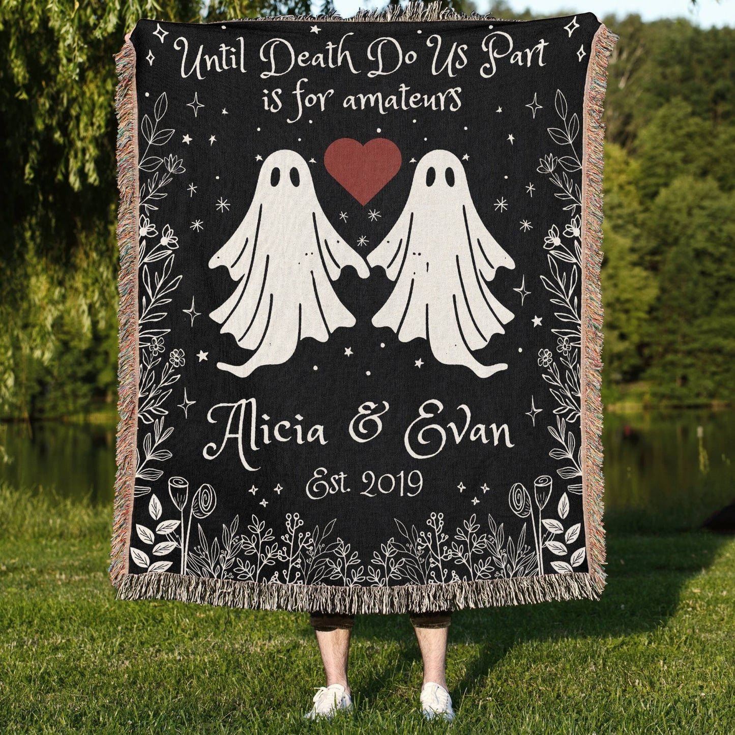 "Til Death Do We Part" Personalized Ghost Couple Woven Blanket - Offbeat Opulence