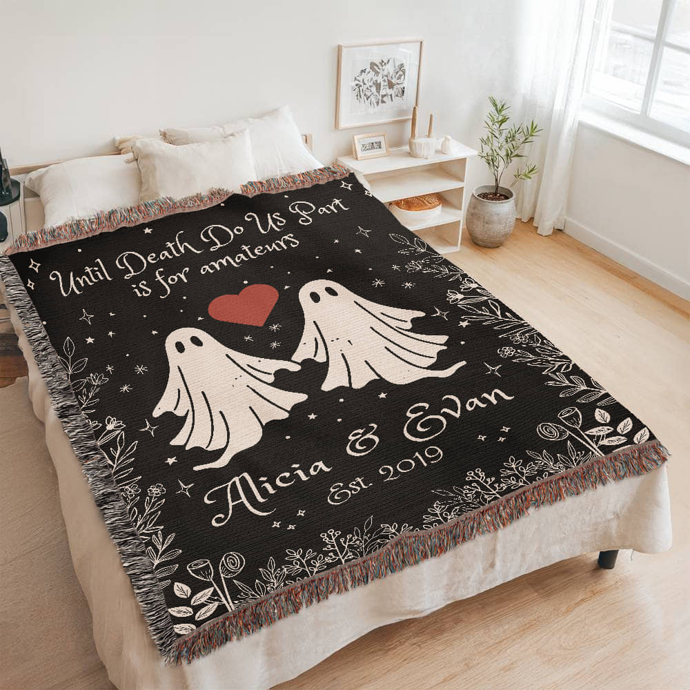 "Til Death Do We Part" Personalized Ghost Couple Woven Blanket - Offbeat Opulence