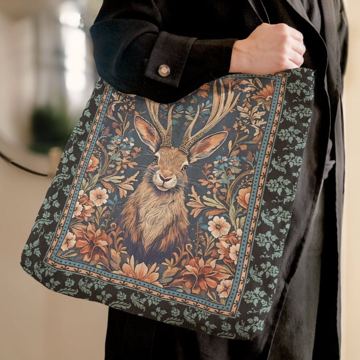 Vintage Jackalope Woven Tote – A Mythical Statement Piece - Offbeat Opulence