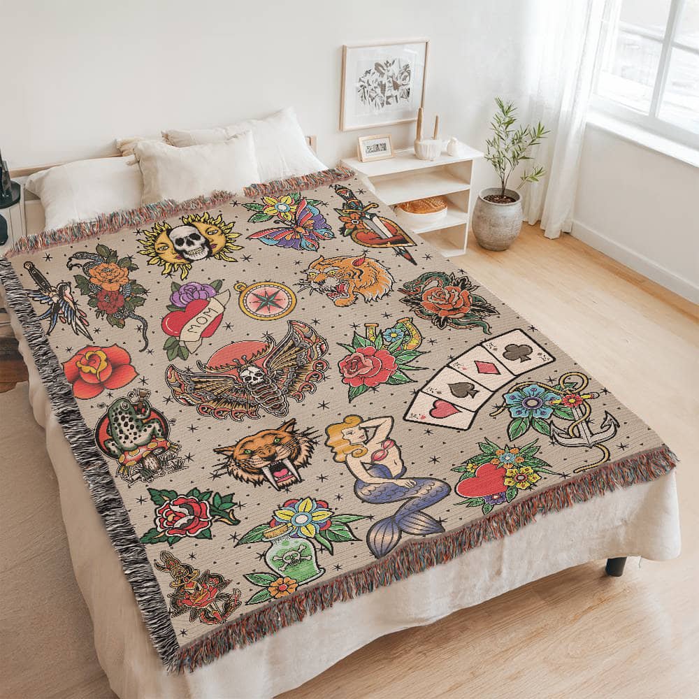 Vintage Tattoo Flash Woven Blanket - Offbeat Opulence