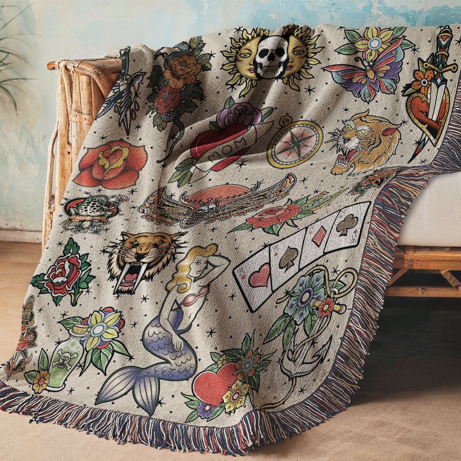 Vintage Tattoo Flash Woven Blanket - Offbeat Opulence