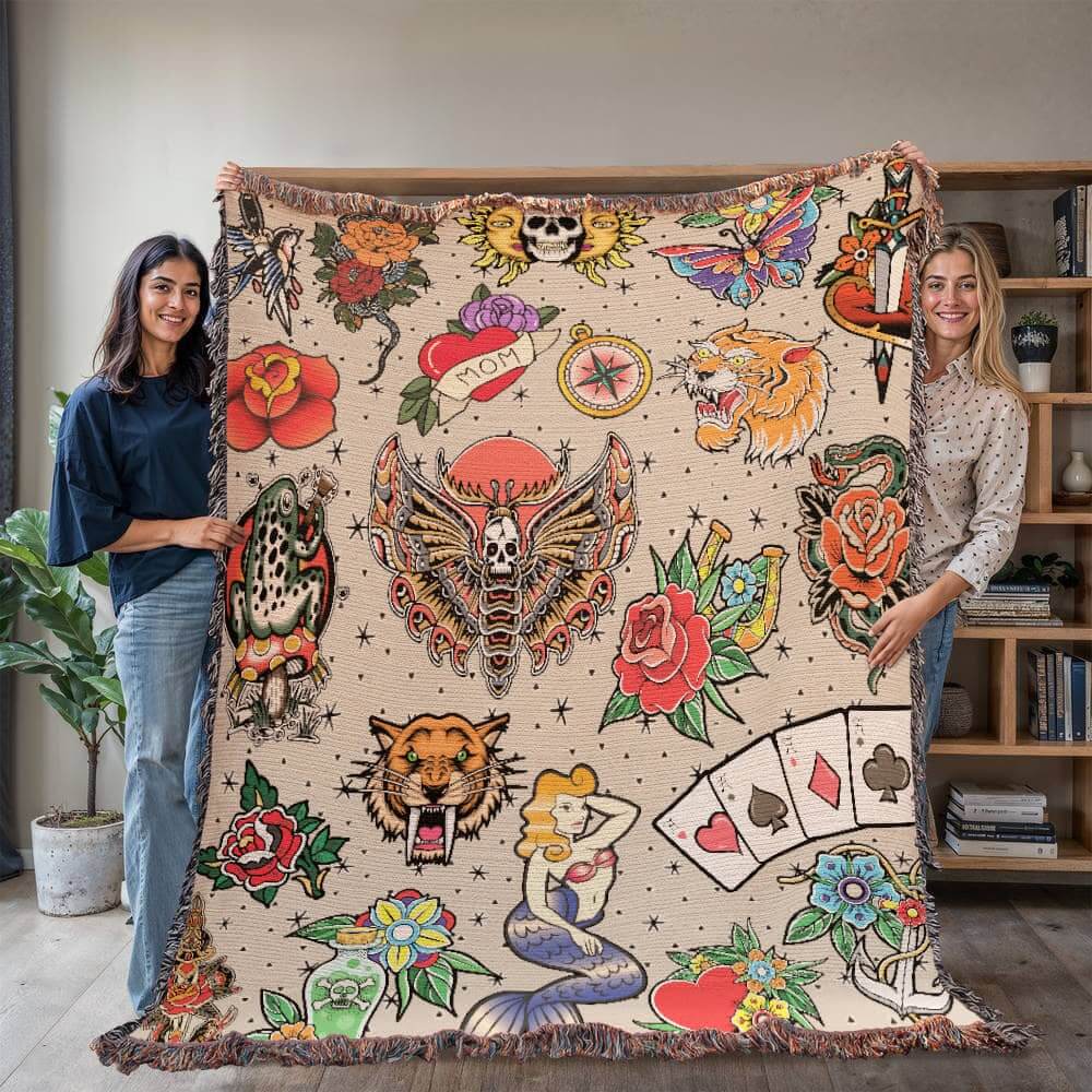 Vintage Tattoo Flash Woven Blanket-Offbeat Opulence