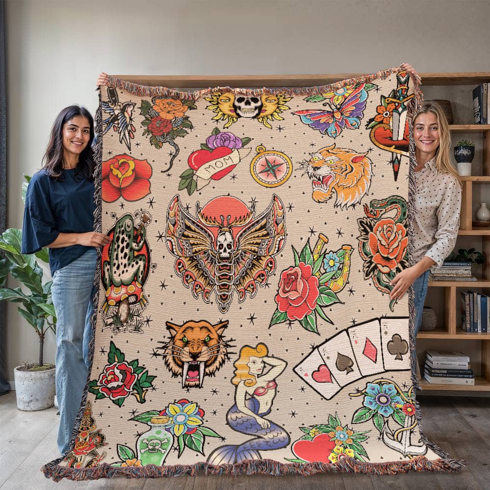 Vintage Tattoo Flash Woven Blanket - Offbeat Opulence