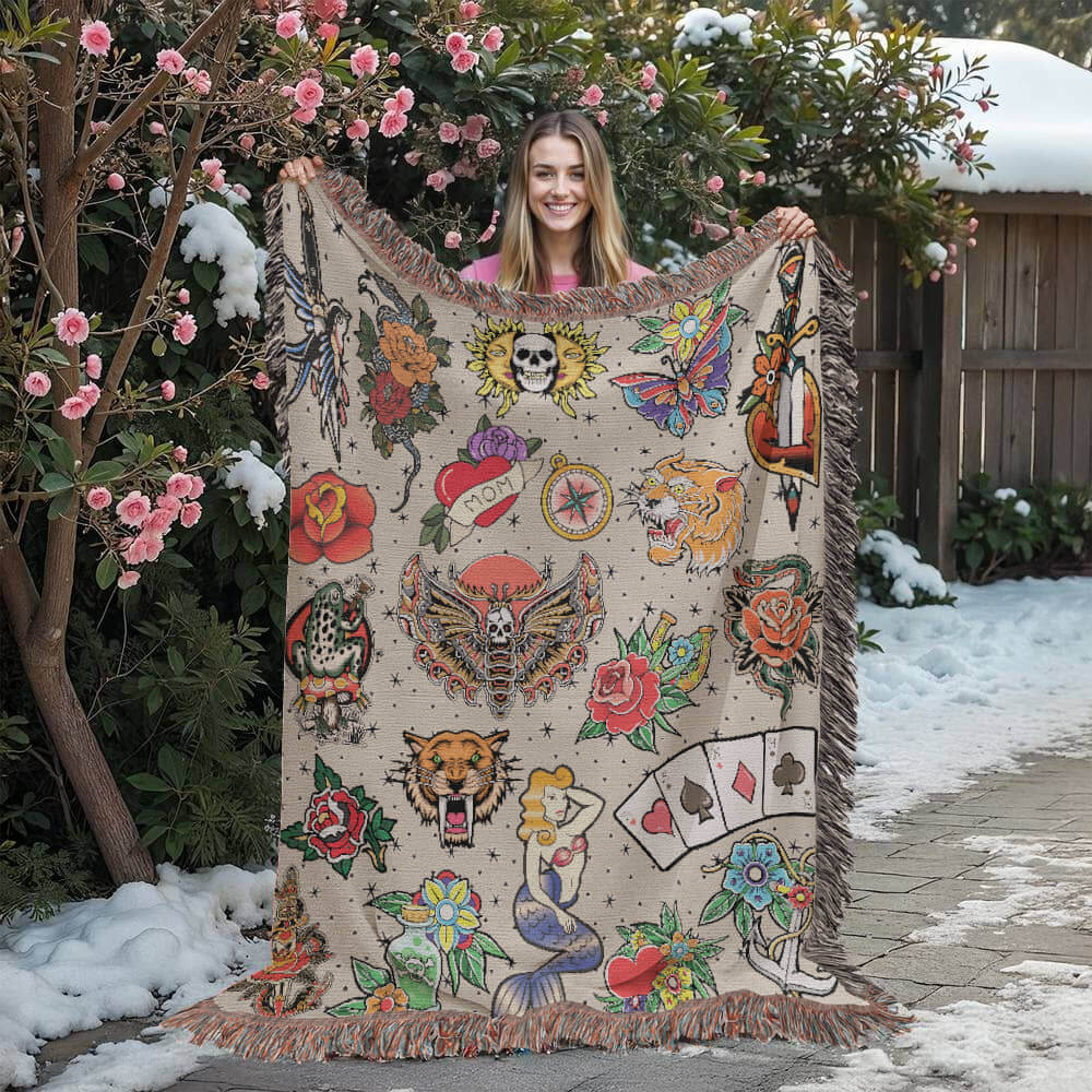 Vintage Tattoo Flash Woven Blanket-Offbeat Opulence