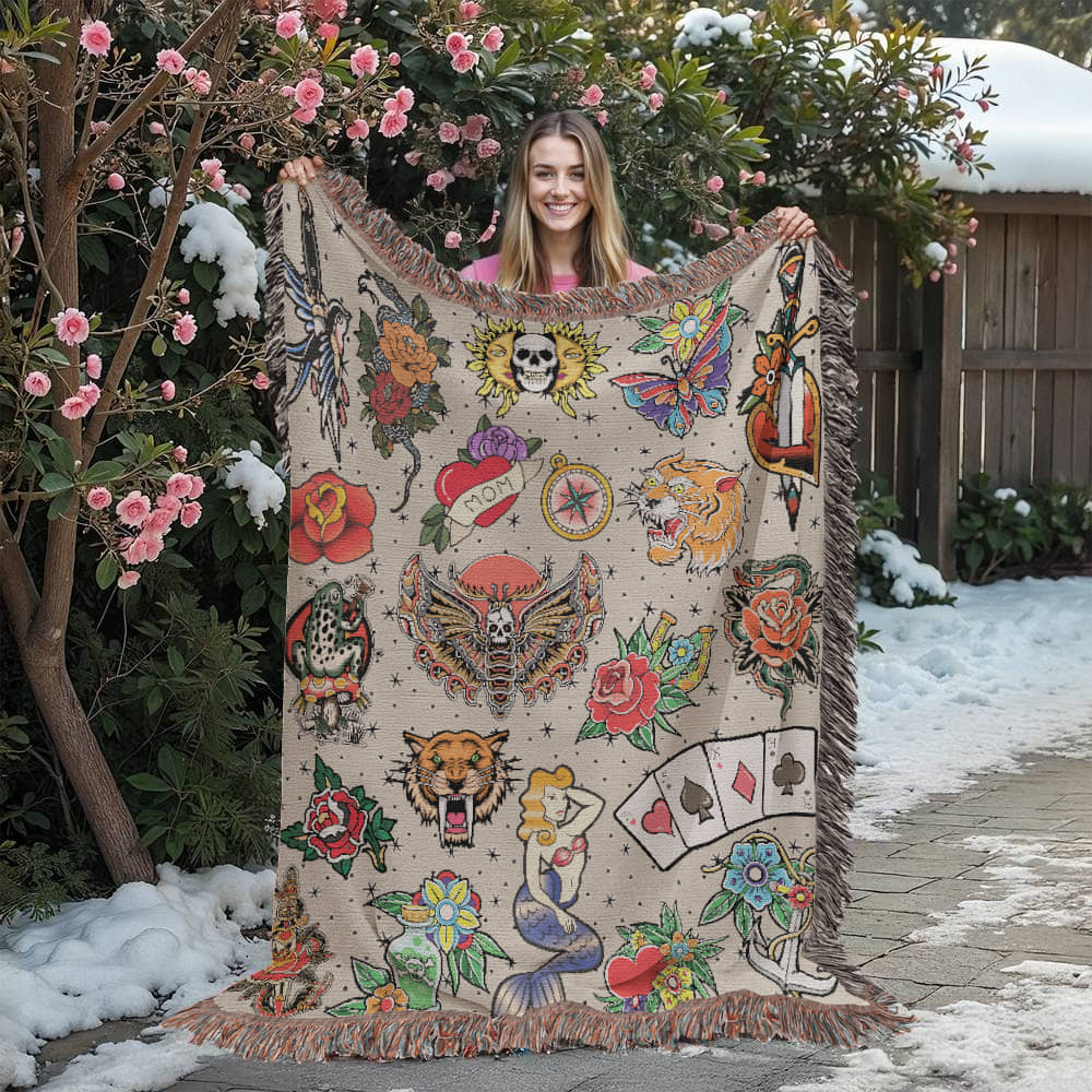 Vintage Tattoo Flash Woven Blanket - Offbeat Opulence