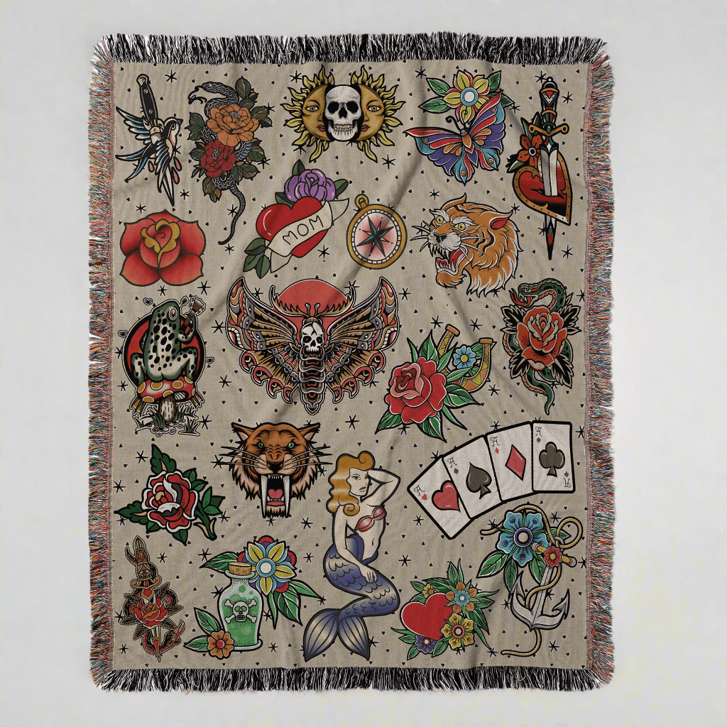 Vintage Tattoo Flash Woven Blanket - Offbeat Opulence