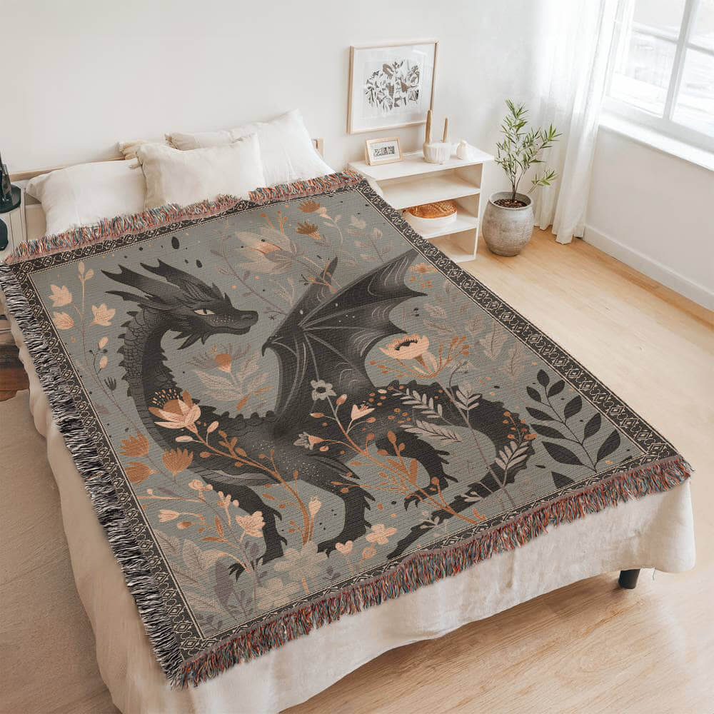 Whimsical Floral Black Dragon Woven Blanket-Offbeat Opulence