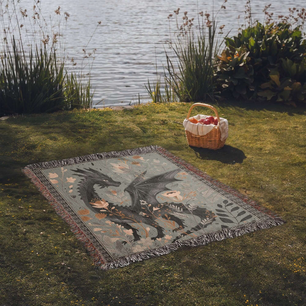 Whimsical Floral Black Dragon Woven Blanket-Offbeat Opulence
