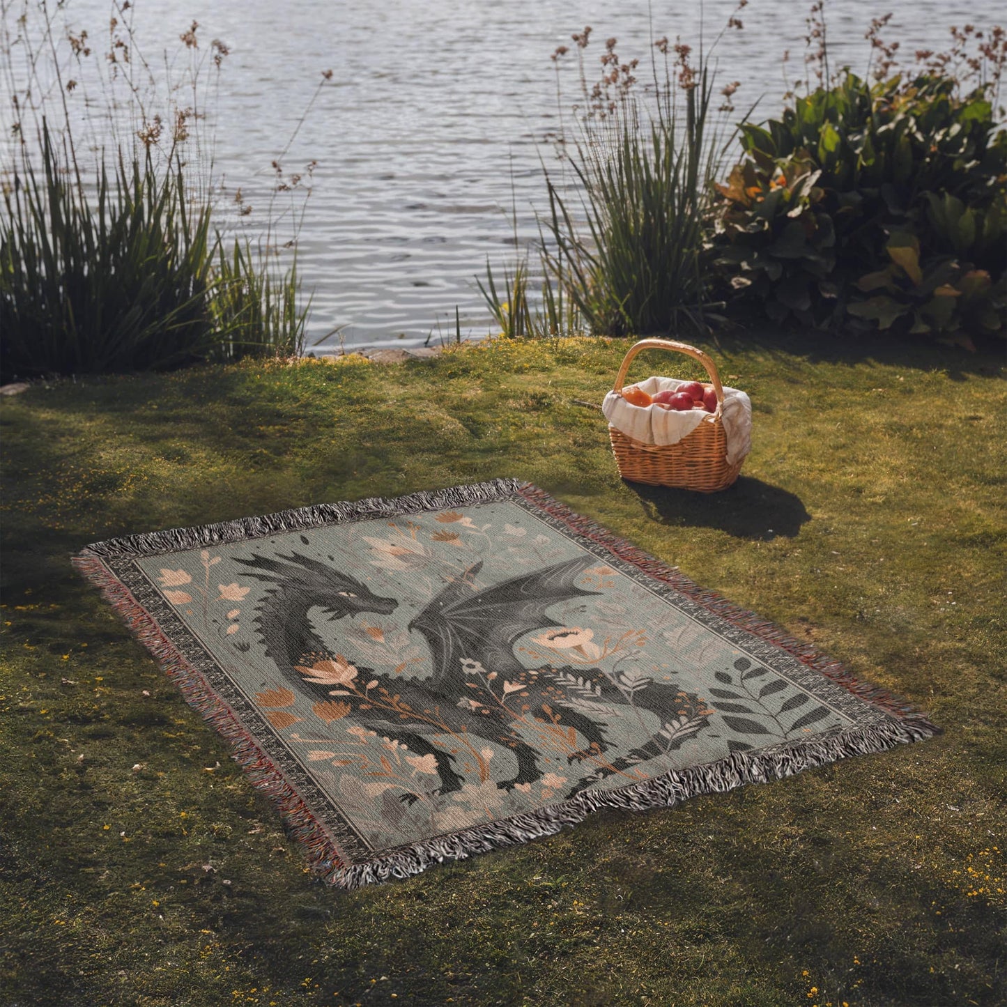 Whimsical Floral Black Dragon Woven Blanket - Offbeat Opulence