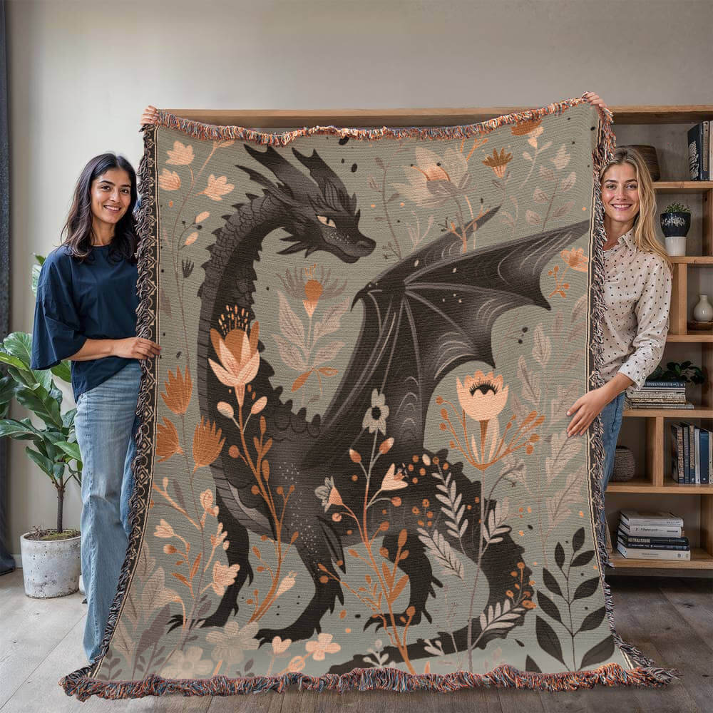 Whimsical Floral Black Dragon Woven Blanket-Offbeat Opulence